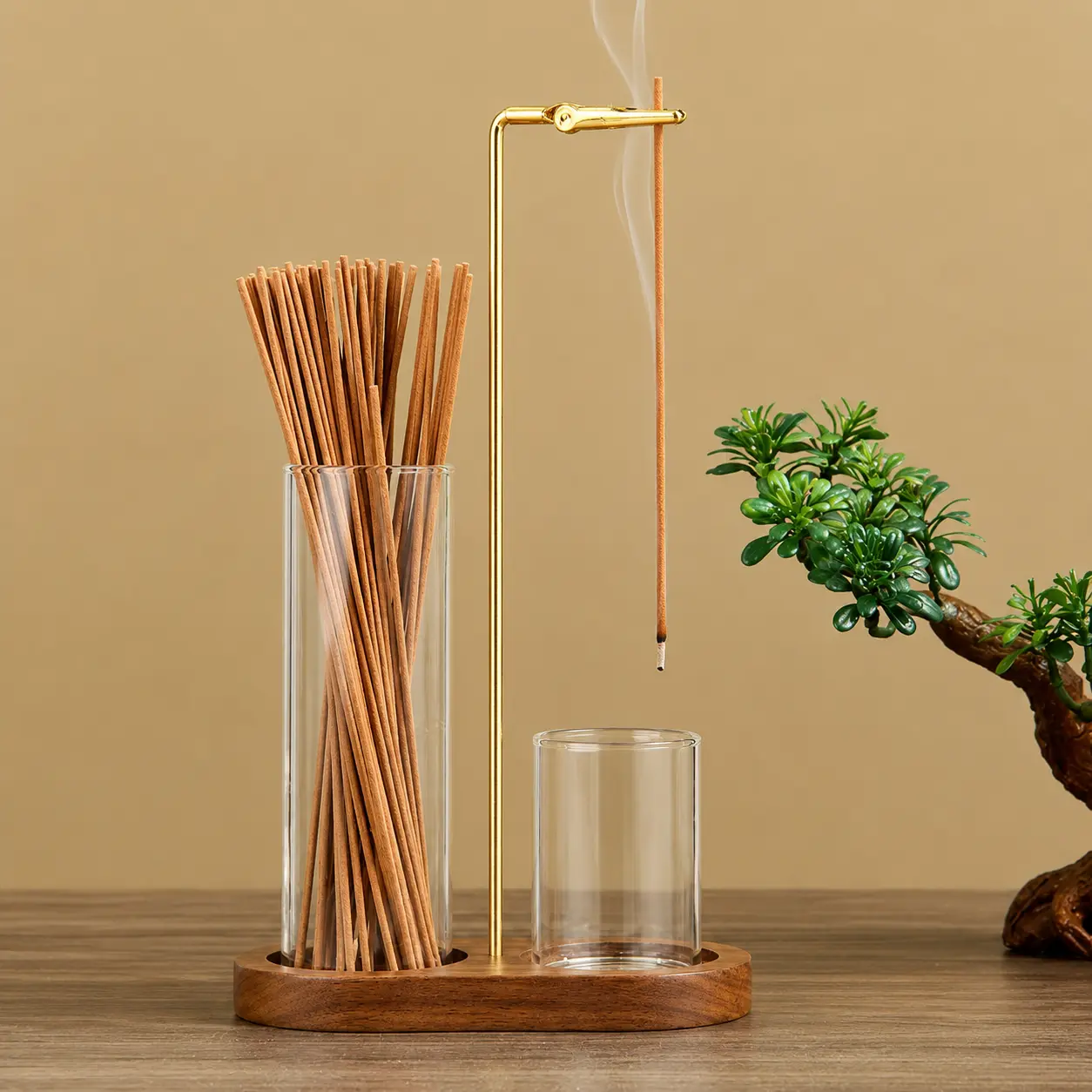 2-in-1 Incense-Candle Holder with Wooden Base, Bakhoor Burner with Removable Glass Ash Collector, Aromatherapy Room Scents for Relaxation, All Seasons Home Decor for Home Users (Living Room-Bedroom), Scented Fragrance Gift, Wood & Glass