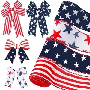 4 Rolls Patriotic Wired Edge Ribbon Red White Blue Decorative Ribbon Independence Day 4th of July Stars Stripes Ribbons for Bows DIY Wreath Making Crafts Decorations