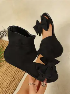 Suede Bowknot Open-Toe Ankle Boots, Back-Zipper Design Flat Short Boots, Boho-Style Versatile Women's Shoes