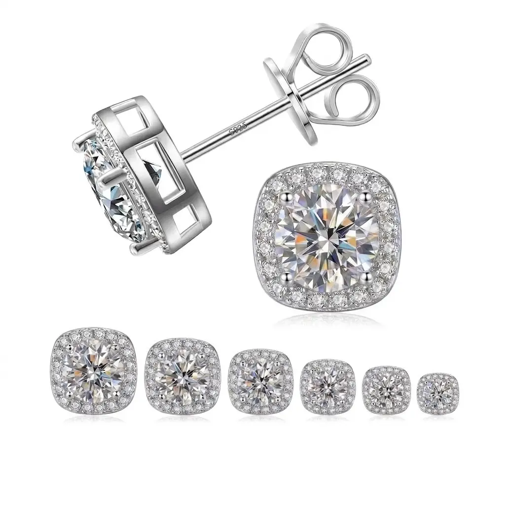 S925 Sterling Silver & Zircon Stud Earrings—available in round or square shapes, featuring VVS-grade cut, hypoallergenic material, and a unisex, affordable luxury style; includes a gift box—an ideal gift for birthdays, weddings, or Mother's Day.
