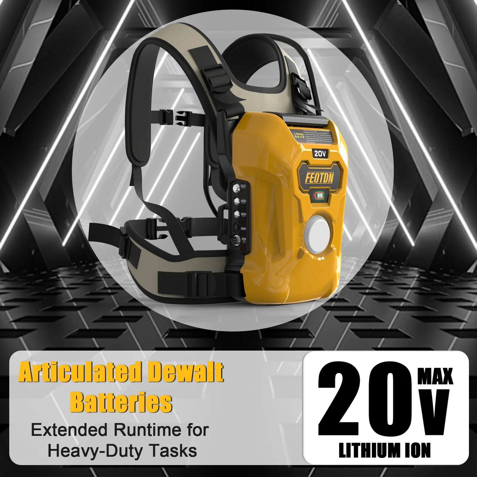 20,000mAh backpack-style battery with high-capacity design, supporting fast charging. Conveniently powers outdoor devices. Charges multiple devices simultaneously. Compatible with 20V DCD/DCF/DCG/DCS series power tools