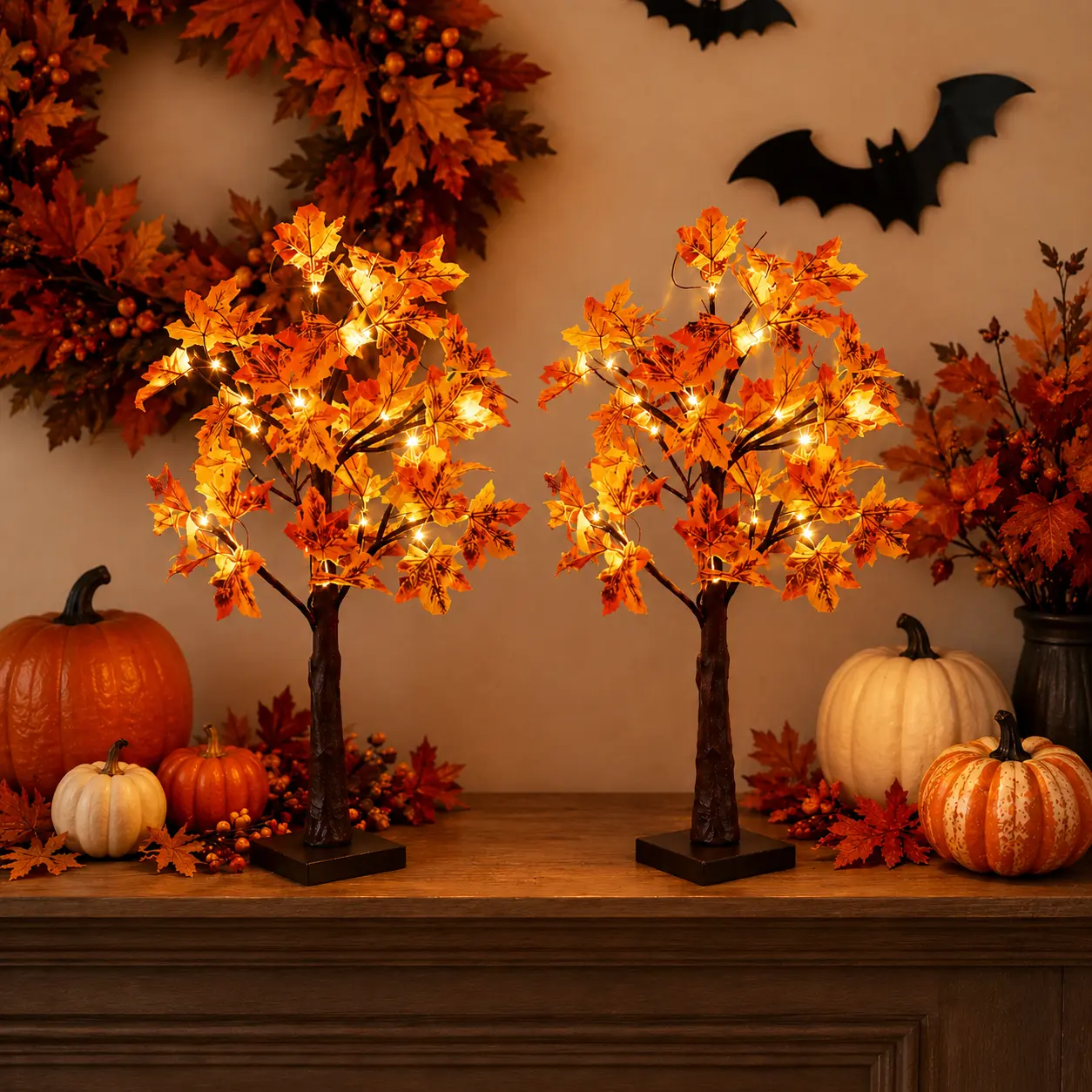 2-Piece Set, 21-Inch Thanksgiving/Fall Maple Tree Decoration with 24 LED Lights, Battery-Operated, Artificial Tree, Suitable for Indoor and Outdoor Use, Home Decor for Thanksgiving, Halloween, and Christmas Parties, Fall-Themed Decor