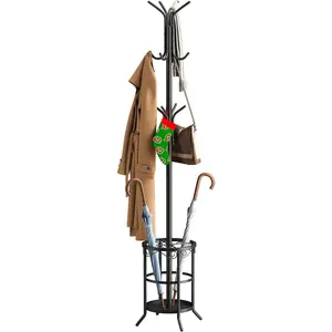 Freestanding Coat Rack With Umbrella Stand and 12 Hooks - Metal Coat Tree, Hat and Jacket Hanger for Entryway (Black)
