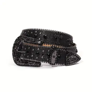 Black Spalkling Studded Western Cowboy Belt with Cross Buckle - Stylish Accessory for Jeans, Casual Wear, and Parties Studded Belt Design