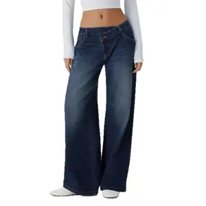 Asymmetrical Cross Waist Wide Leg Jeans | Luxury Textured Drape Dark Wash Denim | Y2K Aesthetic Baggy Streetwear