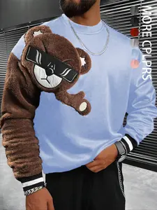Men's Cartoon Bear Embroidered Sweatshirt, Casual Long Sleeve Round Neck Pullover, Spring & Fall Fashion Top, Perfect Christmas Gift