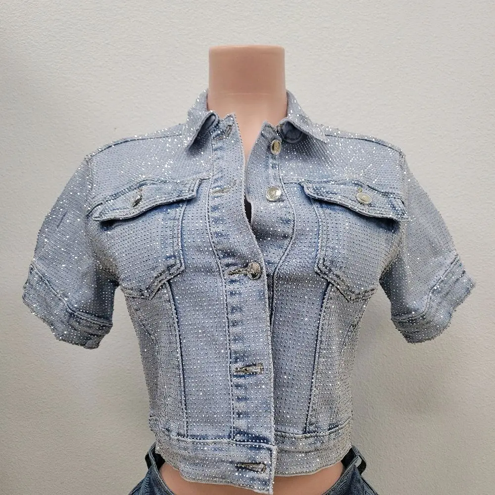 Women's Rhinestone-Adorned Blue Denim Jacket