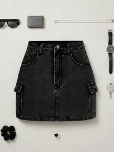 Y2K Vintage Washed Denim Mini Skirt for Women, Stylish & Comfortable Summer Wear with Pockets, Casual, Trendy Retro Design