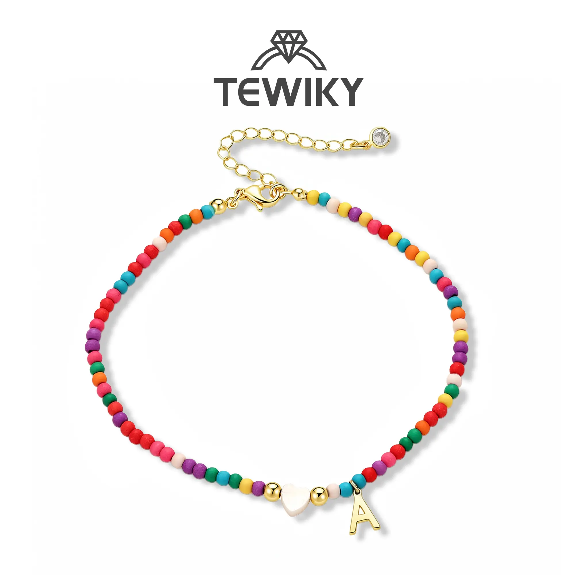 Tewiky Gold Mother of Pearl Heart Initial Anklet with Colorful Seed Beads, Summer Beach Letter Ankle Bracelet