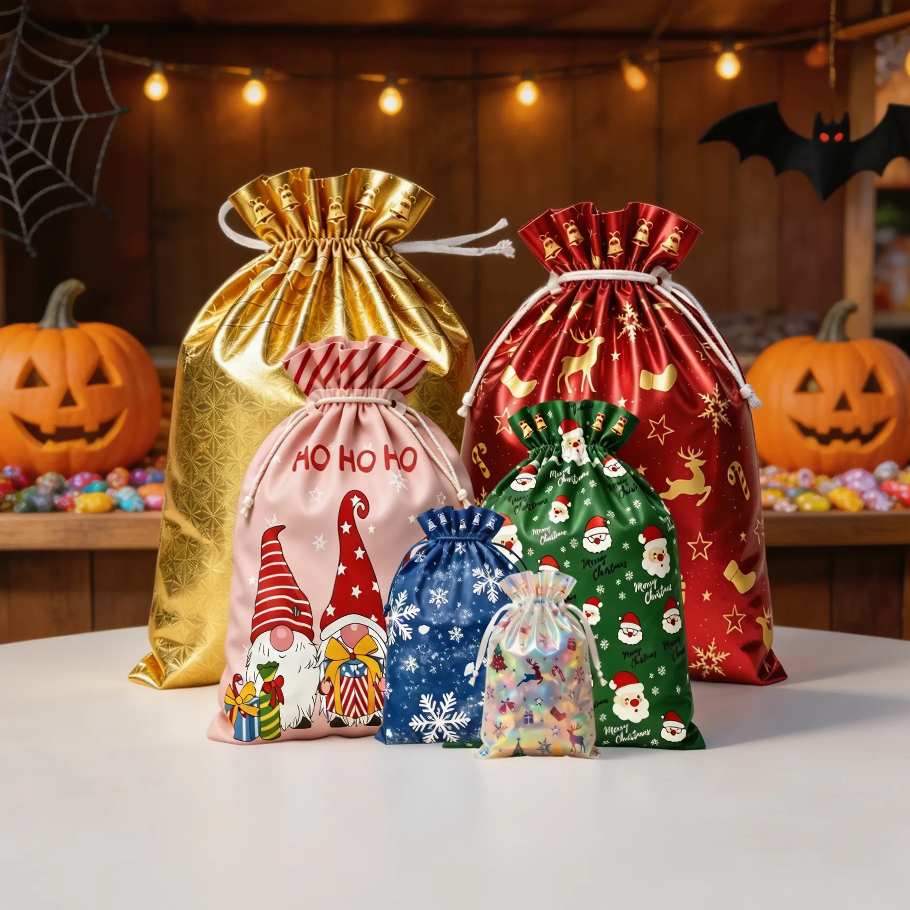 2026 New 54PCS Reusable Christmas Gift Bags, 18 Assorted Designs in 6 Sizes, Drawstring Holiday Gift Bags with Ribbons, Santa, Reindeer & Snowman Patterns, Xmas Candy Bags, Goodie Bags, Treat Bags, Halloween Candy Bags, Party Favor Bags for Kids & Adults