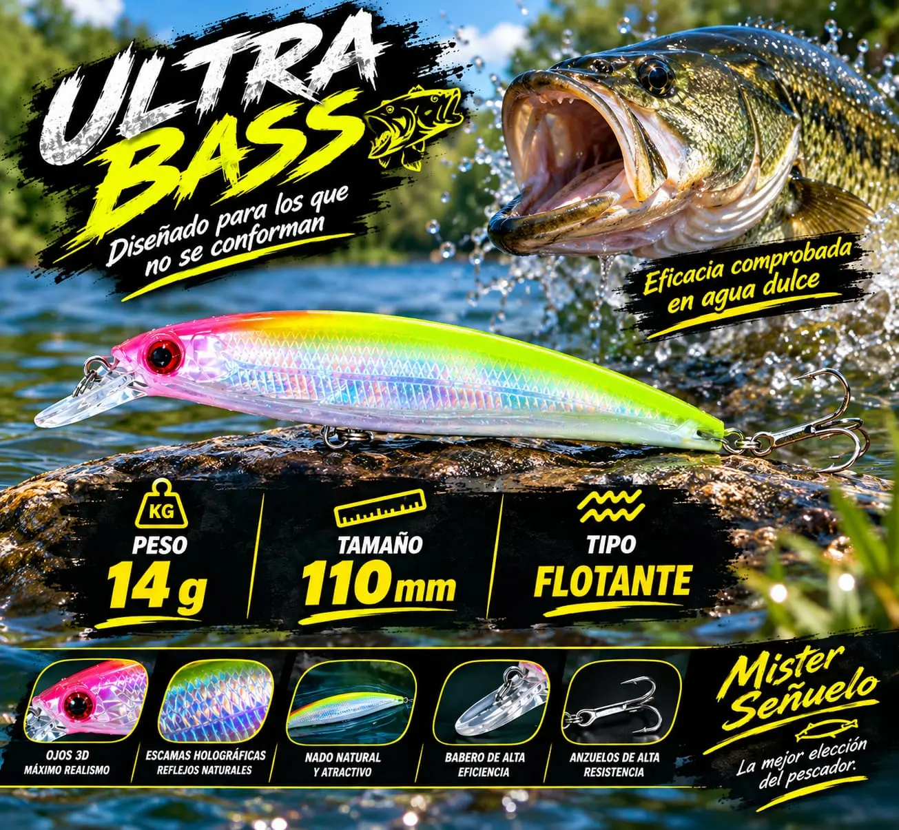 Mister Señuelo Ultra Bass 110mm 14g Floating Lure with Holographic Scales 3D Eyes for Freshwater Fishing