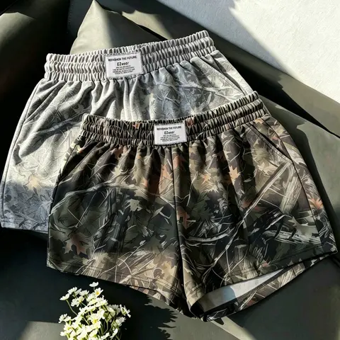 2-Pack Women's Fashionable Elastic Waist Baggy Loose-Fit Shorts, Casual Plain & Camouflage Design, Ideal for Spring and Summer, Comfortable Ladies' Bottoms