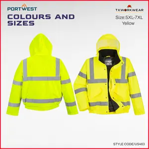Portwest US463 Men's Waterproof Hi Vis Bomber Jacket - Winter Safety Jacket with Reflective Tape, Pockets and Hood Yellow in XL-7XL