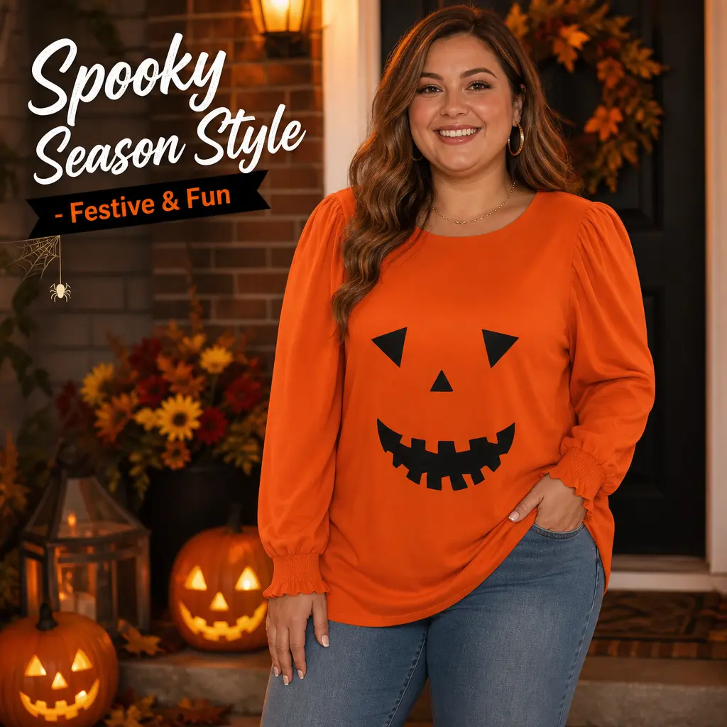 DOLNINE Women's XL-5XL Plus Size Rayon Blend Crewneck Halloween Sweatshirt - Long Sleeve Shirt with Puff Sleeves, Jack-O-Lantern Graphic for Casual Party, Spooky Season DPS1069
