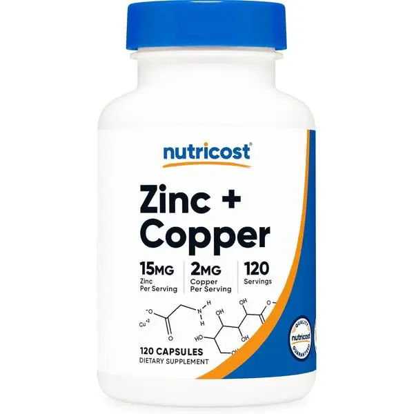 Nutricost Zinc + Copper Capsules (120 Servings)(15MG Zinc + 2MG Copper Per Serving) - Non GMO, Vegetarian – With Premium Mineral Formula Ingredients Including Zinc (as Zinc Gluconate) and Copper (as Copper Gluconate)