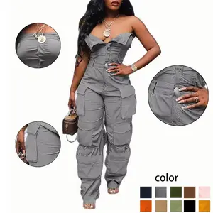 Trendy Strapless Denim Cargo Overall Fashion - High - Waisted, Multi - Pocket & Edgy Street Style Womenswear Elegance romperswomen Suits Basic Grey Minimalist Sleeveless