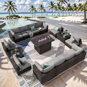 Grezone All-Weather Rattan Wicker Outdoor Sectional Patio Furniture Set, 42" Fire Pit Table Sofa Couch - Patio Conversation Set for Garden Backyard (Mother's Day Gift), Outdoor Furniture Set
