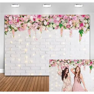 Flower Wall Backdrop Glitter White Brick Wall Mother's Day  Photography Background Mother's Day Wedding Bridal  Shower Birthday Party Spring Theme Decor Photo Booth Props (8x6FT)