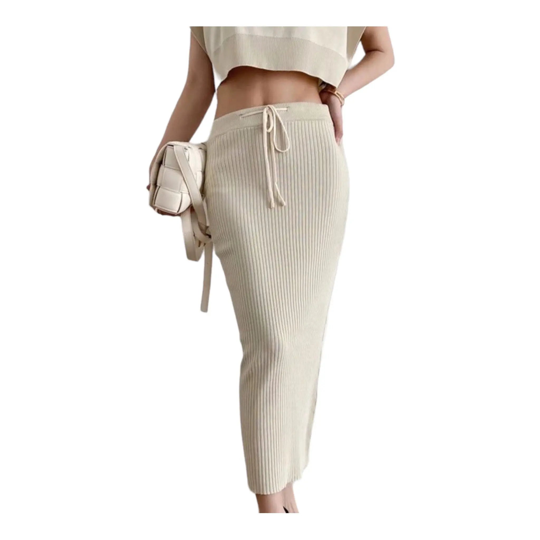 Women's Ribbed Fitted Maxi Pencil Skirt - Stretchy Soft 90% Cotton Blend Long Skirt with Drawstring Waist, Minimalist Chic Womenswear Bottoms