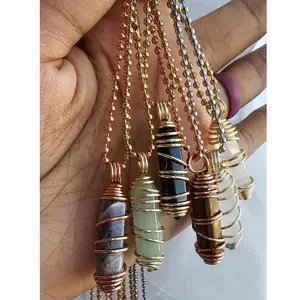 2.4mm Copper Ball Chain Long Crystal Pendant Necklaces 24 Inches, Copper Wire Wrapped Jewelry [Made-to-Order]