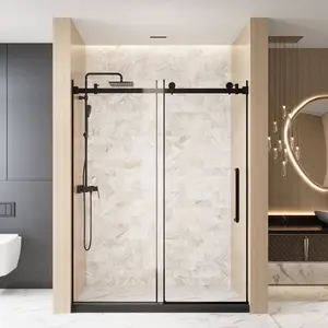 Frameless Single sliding shower door  56-60 "W x 76" H, 1/4 "(6 mm) Clear Tempered Glass, Explosion Proof Film, Stainless Steel Handle Square Tube Track ,Matte Black   WL