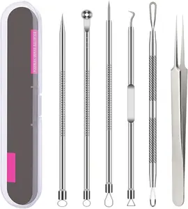 6-Piece Rust-Free Stainless Steel Pimple Popper Tool Kit, Unscented Blackhead Remover & Acne Needle Set with Blemish Extractor for Nose and Face Cleansing, Skincare Tools