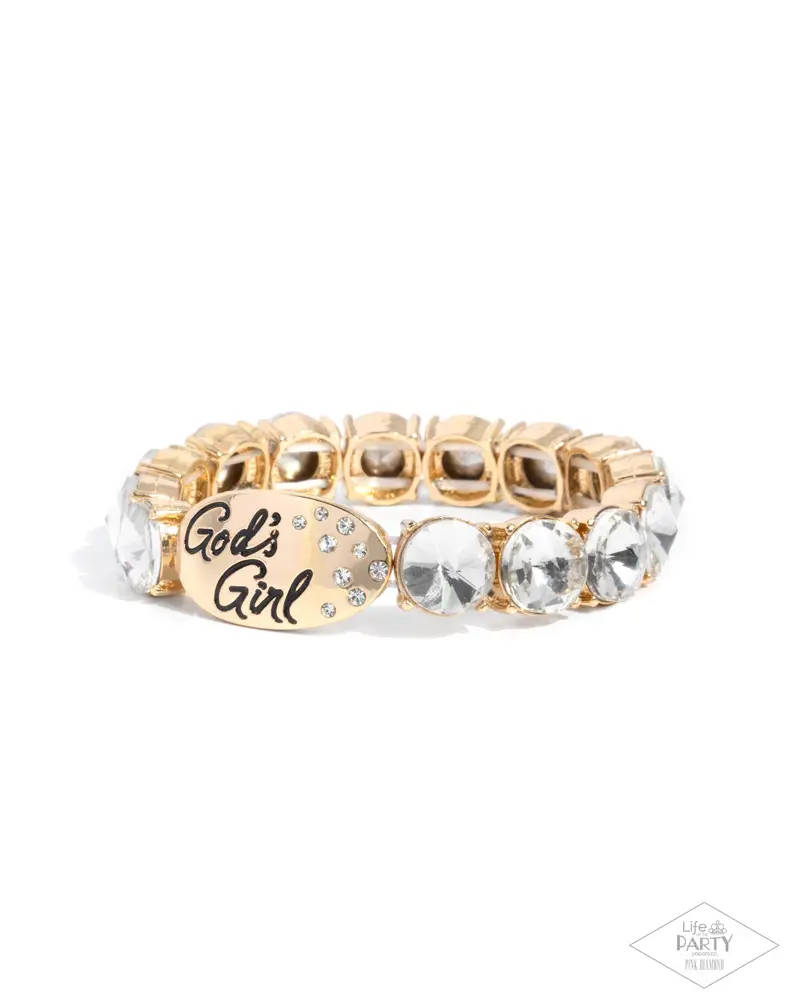 Paparazzi Elegant Goldtone "God's Girl" Bracelet with White Rhinestones and Glittering Gems on Elastic Band