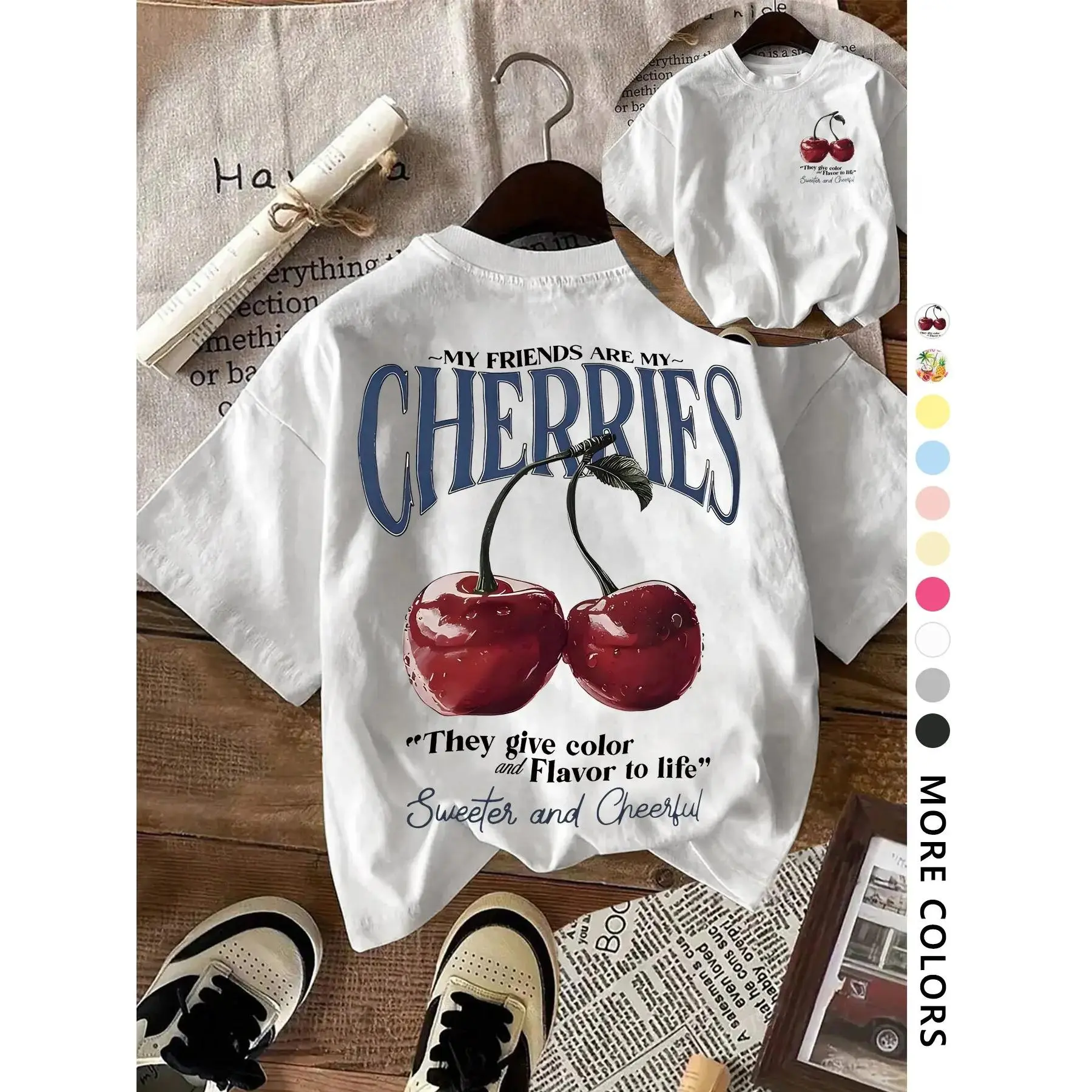 Men's/Women's Short-Sleeve Round-Neck Fruit Print T-Shirt - Loose-Fit Sports Top, Youth Casual Streetwear, Front & Back Dual-Face Printing, Comfortable Campus Fashion, Menswear