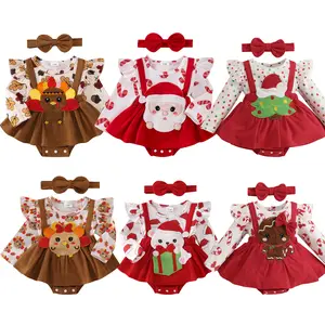 Babamoon Newborn Baby Girl Christmas Thanksgiving Christmas Outfit Long Sleeve Romper Dress Onesies with Headband Clothes