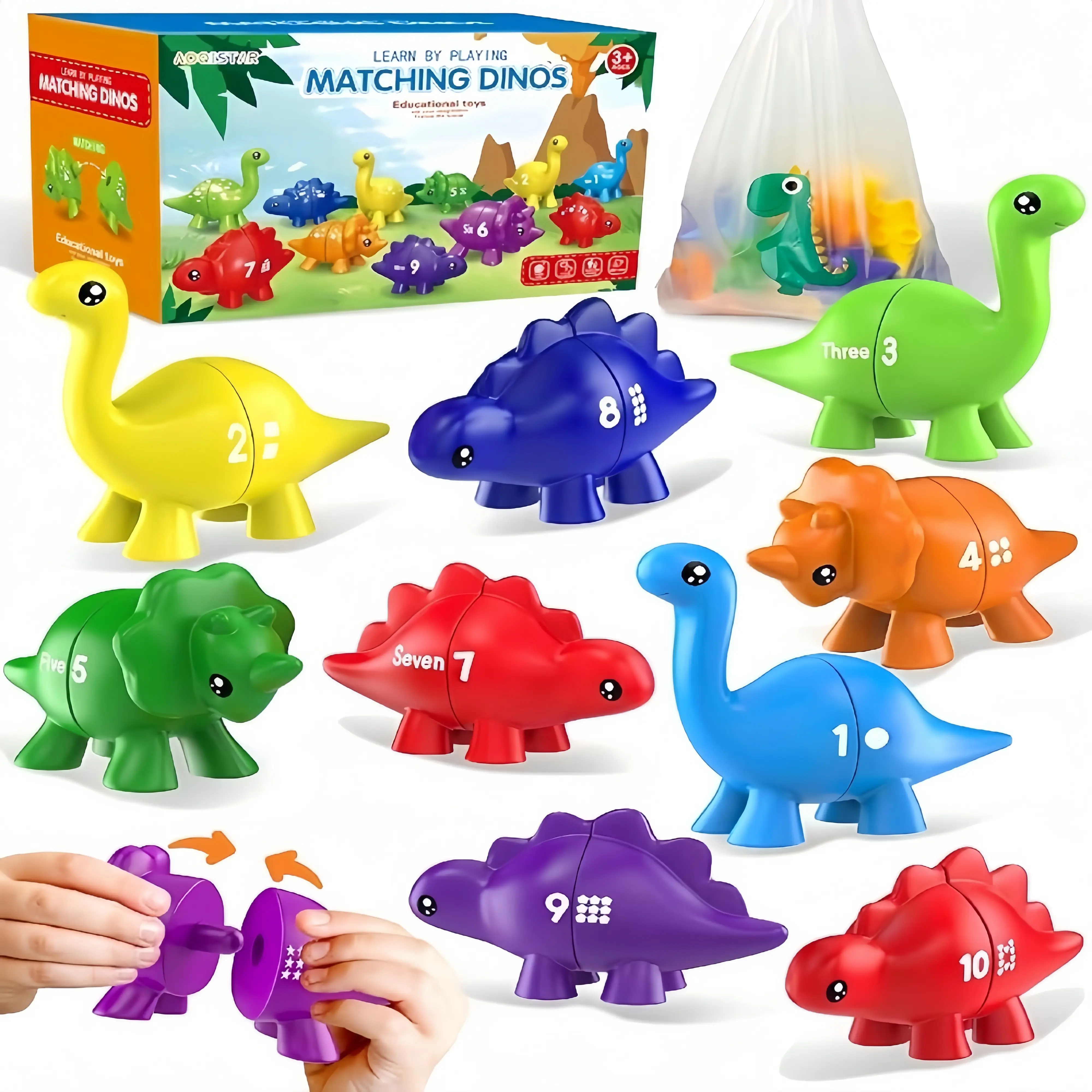 1 Box of Dinosaur Number Toys, 10 Pairs of Retractable Insertable Dinosaur Number Matching Toys, Math Enlightenment Counting & Sorting Game for Infants and Toddlers' Hand-Eye Coordination Training, with Storage Bag Included