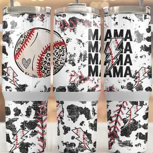 Baseball Mama 40oz Drinkware with Baseball and Heart Design, White and Black Patterns - Bottle Cup
