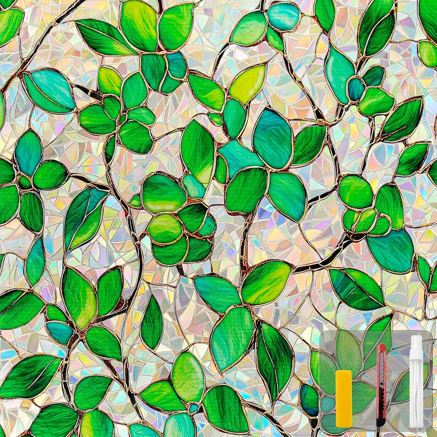 PVC Large Size 2D Decor Window Stickers & Films, Reusable Electrostatic Window Privacy Film with Installation Tools, Home Decor Greenery Leaf Pattern (17.5x78.7 in), Rainbow Window Film