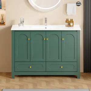 48" Green Bathroom Vanity with Ceramic Sink Combo, Abundant Storage Cabinet -4 Soft close doors and 2drawers