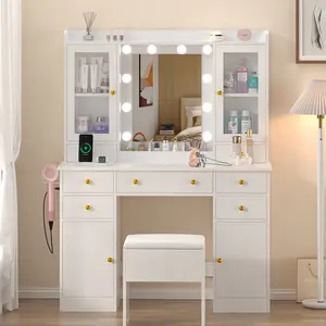 vanity with storage drawer, charging station, cabinet and chair, vanity with RGB ambient light, suitable for women's bedrooms and bathrooms