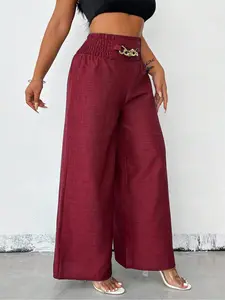 A pair of women's solid-color zipper-enclosed high-waisted stretchable loose-fitting slimming wide-leg casual trousers that are versatile and suitable for all occasions Pants
