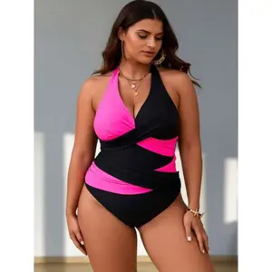 Plus Size Swimsuit One Piece - Women's Tummy Control Bathing Suit Color Block Halter Ruched Swimwear Backless Cutout