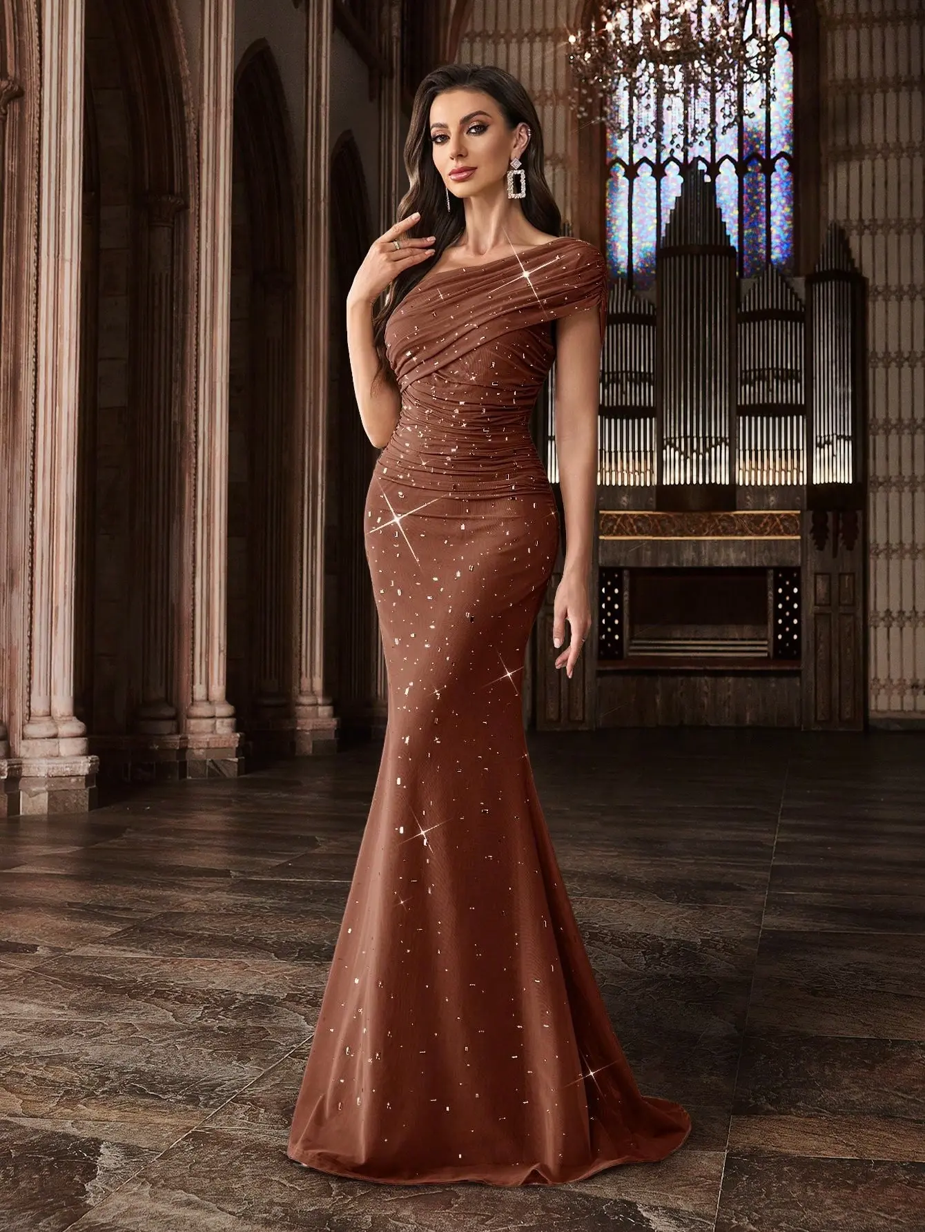 Women's Coffee Brown 1-Shoulder Sequin Mermaid Formal Dress - Sleeveless, Ruched, Mid-Stretch Soft Comfortable Fabric, Lined, Asymmetrical Slim Fit, Sparkly Formal Wear for Prom, Wedding Guest Dresses, Elegance Focused