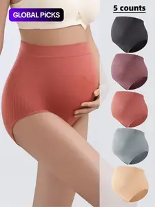 5pcs/10pcs Seamless Maternity Underwear High-Waisted Triangle Panties, Comfortable Soft Belly Support, Plain Design, All-Season Casual Wear