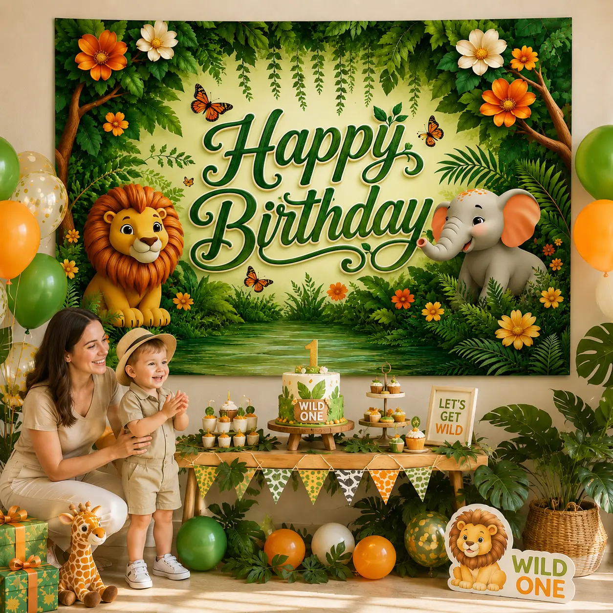 Tropical Jungle Safari Birthday Backdrop Banner, Green Animal Party Tapestry with Lion, Elephant, Giraffe, Kids Party Photo Background Wall Decor for Baby Shower, Banners