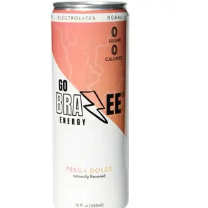 GO BRAZEE ENERGY Pesca Dolce Energy Drink - 150mg Organic Green Coffee Caffeine, Sweet Peach & Tropical Pineapple Flavor, 0 Sugar, 0 Calories, 12 fl oz