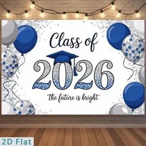 1PC,2D Flat Backdrop Class of 2026 Graduation Decor Backdrop,Blue Balloon Themed Grad Party Decoration Backdrop,Future Is Bright Graduation Celebration Background for Photo Booth,Graduation Commemoration