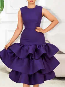 Women's Vintage Chic Dress, Round Neck Design, Bodycon Fit, Ruffle Hem, Layered Ruffle Midi Dress, Elegant Solid Color, Formal Evening Cocktail Party Wear, Womenswear