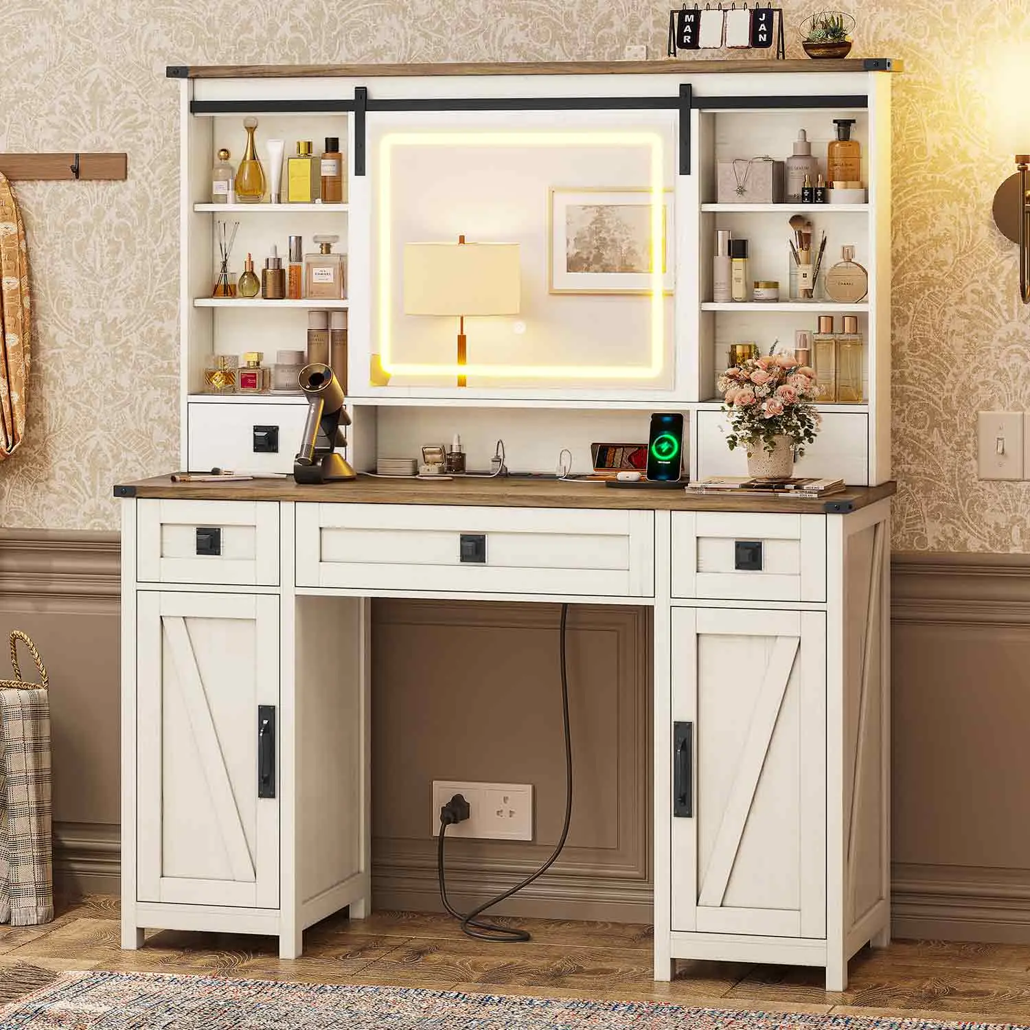 Sikaic Sturdy Makeup Vanity with Adjustable LED Sliding Mirror, Wooden Storage Cabinet, Ideal for Mom, Wife, Daughter Home Decor