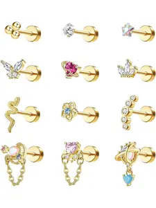 12 Pcs Golden 16G Cartilage Earrings Studs, Flatback Stud Earrings, Copper Surgical Steel Flat Back Earrings for Women Men, Heart Shape Earrings, Cubic Zirconia Ball, Dangle Barbell Earrings, Tragus Helix Conch Ear Piercing Jewelry Set
