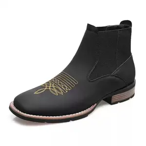 Men's Chelsea Hand Embroidered Square Head Short Boots British Style Large Outdoor Travel Style