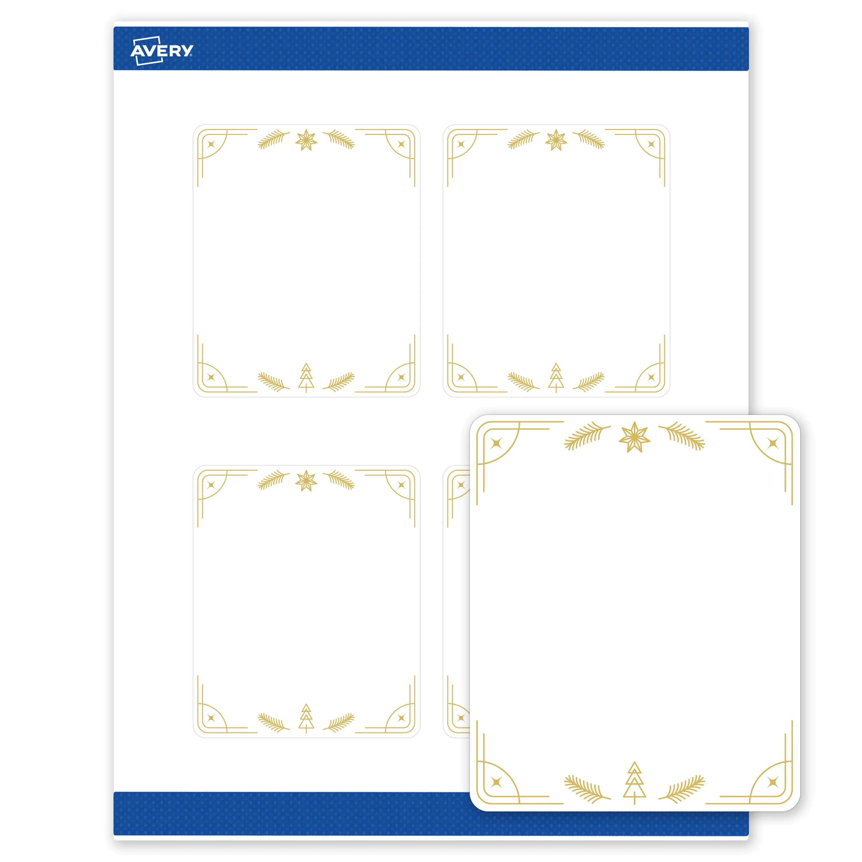 Avery® Printable Christmas Labels with Sure Feed® Technology, Rectangle, 4" x 3-1/3", Pre-Printed Metallic Gold Christmas Trees Design, Matte White, Laser & Inkjet Compatible, 40 Total