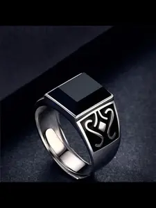 New Fashion Versatile Mystery Totem Ring, Unique Cold Style Imitated Obsidian Ring, Open Adjustable Finger Jewelry, Square Shaped Ring