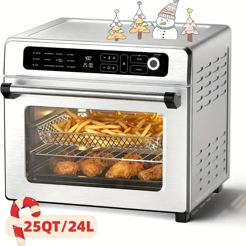 Kismile 25QT Multifunction Programmable Convection Air Fryer Toaster Oven - 12-in-1 Digital Kitchen Countertop Appliance, 1750W Stainless Steel Black, 60-Minute Timer for Roast, Bake, Dehydrate