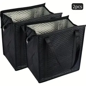 18L Zipper Insulated Grocery Bag Set, Reusable Cold Hot Food Storage Pouch, Foldable Shopping Bag, Non-Woven Fabric, 2 Pack