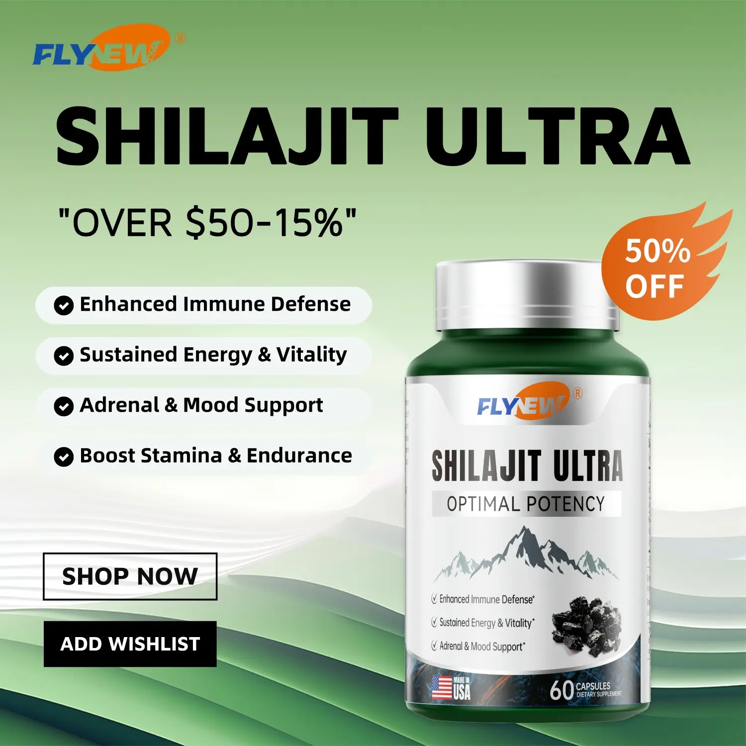 Flynew Optimal Potency | Shillaj*t Ultra | Adaptogen Energy Stamina Immune Antioxidants | Made in USA | 60 Capsules - Natural & Organic Dietary Supplement - Healthcare